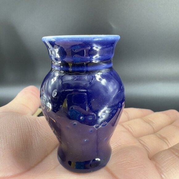 Antique Hand Painted Portrait Porcelain Small Miniature Vase Cobalt Blue VTG - Picture 14 of 15